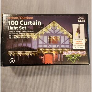 Vintage Halloween 100 Curtain Light Set Neon Green Bulbs Black Wire Wal-Mart
